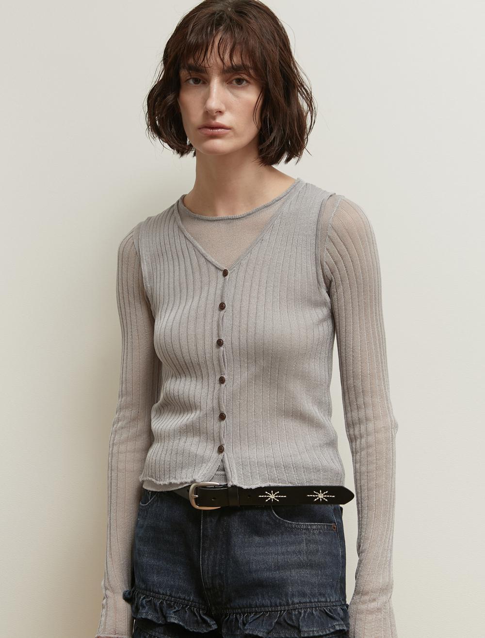 SHEER BUTTON KNIT TOP TWO PIECE [GREY]
